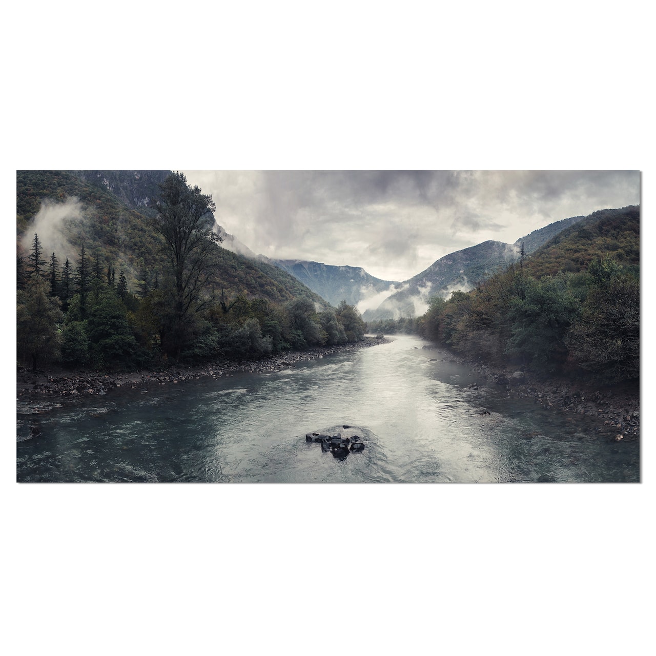 Designart - Mountain River with Fog and Rain - Modern Seascape Canvas Artwork